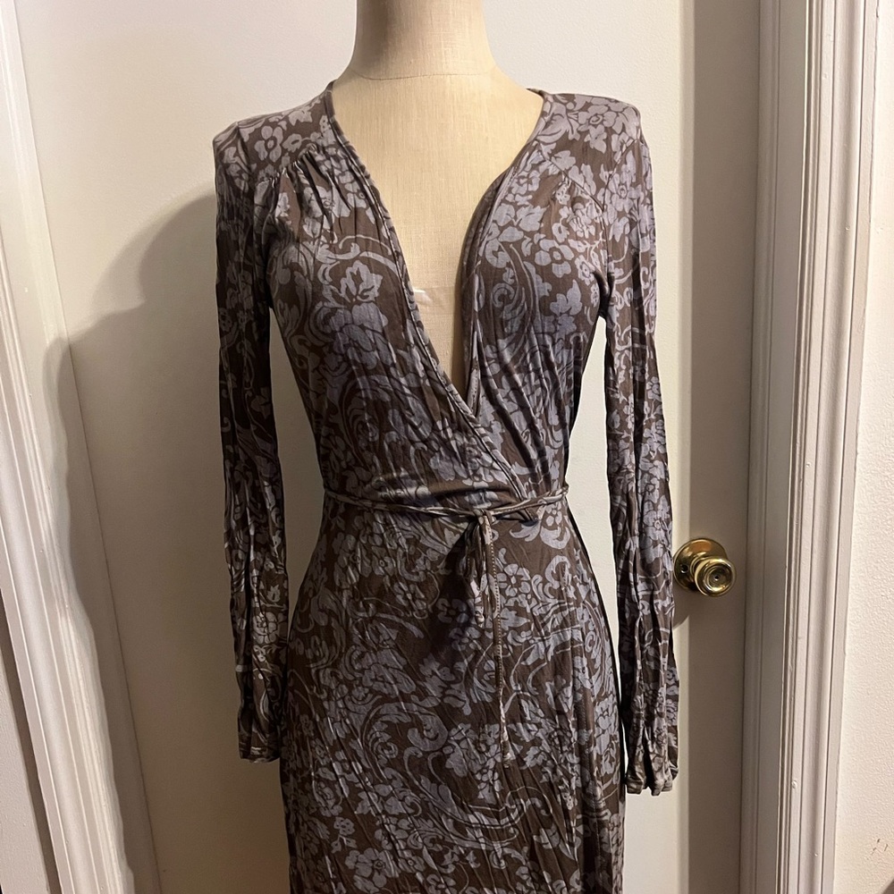 Elegant Brown Floral Wrap Dress